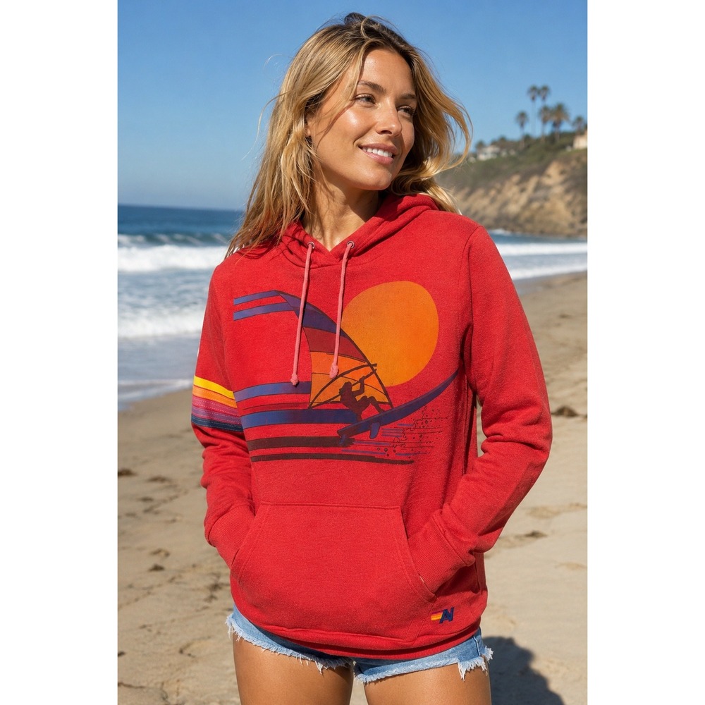 Aviator Nation Windsurf Surfer Graphic Pullover Hoodie Sunset Red California‎